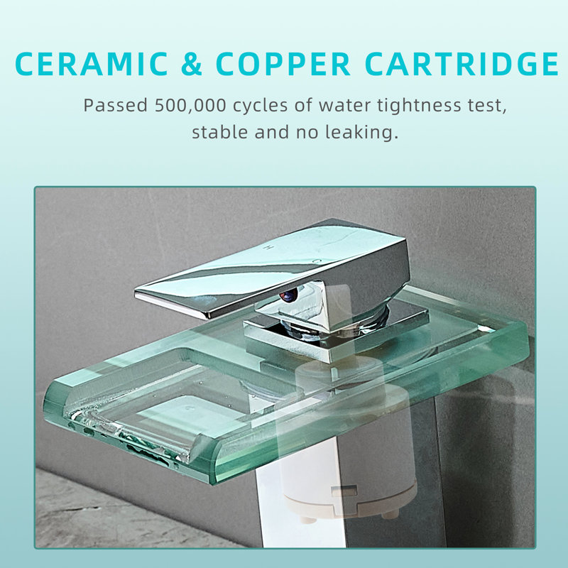 Robinet de salle de bain moderne avec DEL: bec de cascade à changement de couleur 3, fixation sur le comptoir, un trou, évier contemporain à mélange d'eau chaude et froide