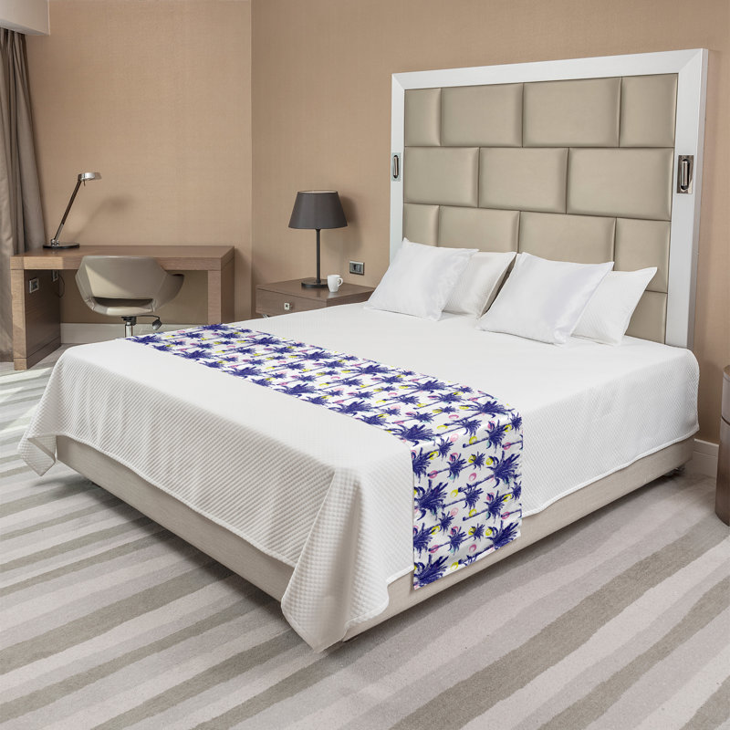 Ambesonne Abstract Bed Runner Palms and Stroked Rounds Dark Lavender Multicolor, Queen