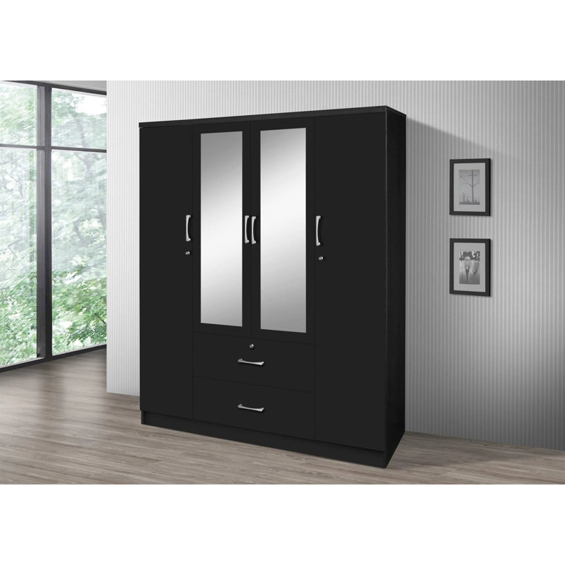 Garde-robe 4 portes / 2 tiroirs avec miroir, Noir