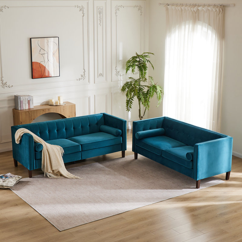 Ensemble de salon 2 pièces capitonné Mid-Century, Sarcelle