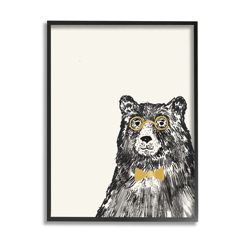 Ours, lunettes, nœud papillon, art animalier pour enfants, H 14 po x l 11 po x P 1,5 po, Giclée encadrée noir minuit