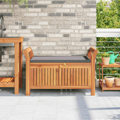 vidaXL Garden Storage Bench, Solid Acacia Wood, Gray Cushion Included, Classic Outdoor Design, Patio & Garden Seating, 35.8" x 19.7" x 23.6", Patio &