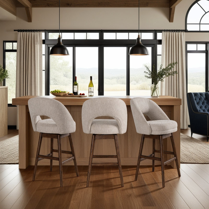 Tabouret tournant en bois massif avec siège en tissu Watanabe, Chêne brun, Tabouret de bar (siège d'une hauteur de 30,25 po)