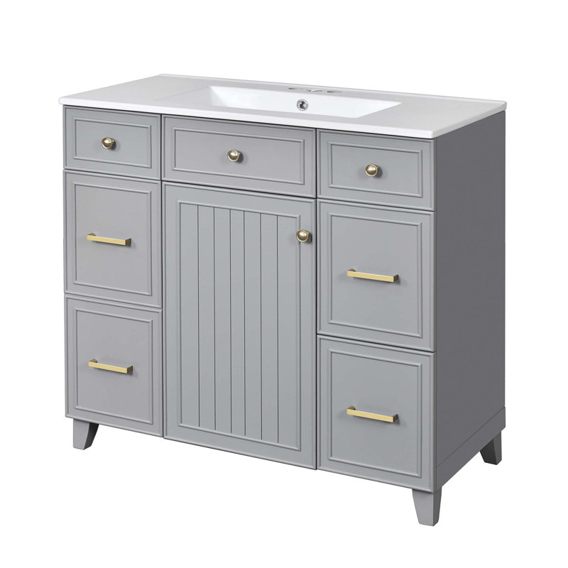Meuble-lavabo 36 po avec lavabo en céramique, structure en bois massif, portes à fermeture en douceur, tablettes réglables, 3 tiroirs, y compris un tiroir à double profondeur pour le rangement du sèche-cheveux