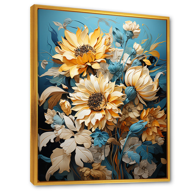 «Azure Fields Sunflowers IV» sur toile, Cadre flottant doré, H 32 po x l 16 po x P 1 po