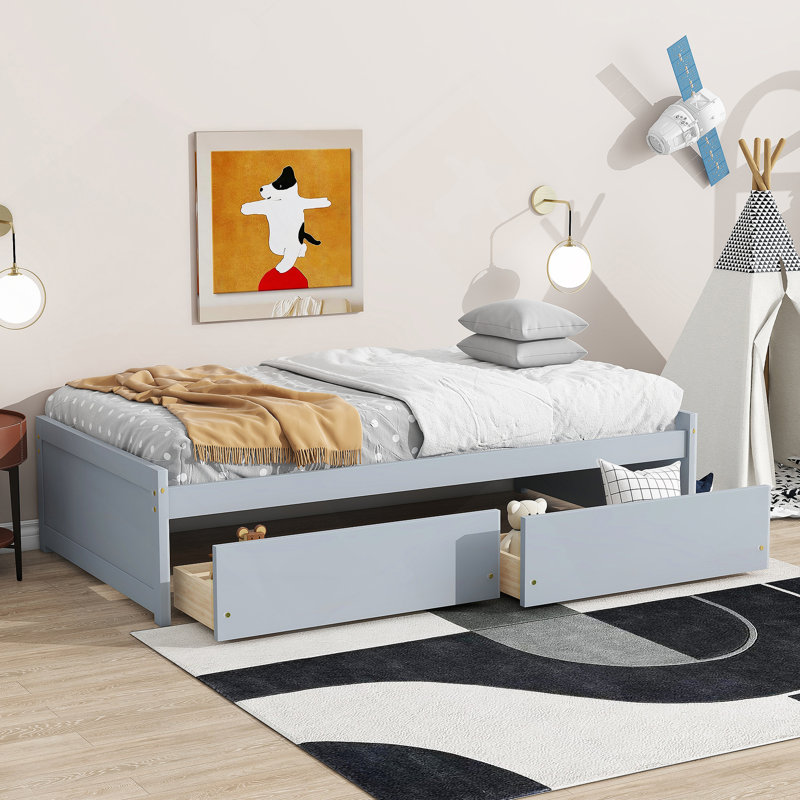 Lit simple en bois d'hévéa robuste avec deux tiroirs spacieux pour une organisation sans effort et un sommeil confortable