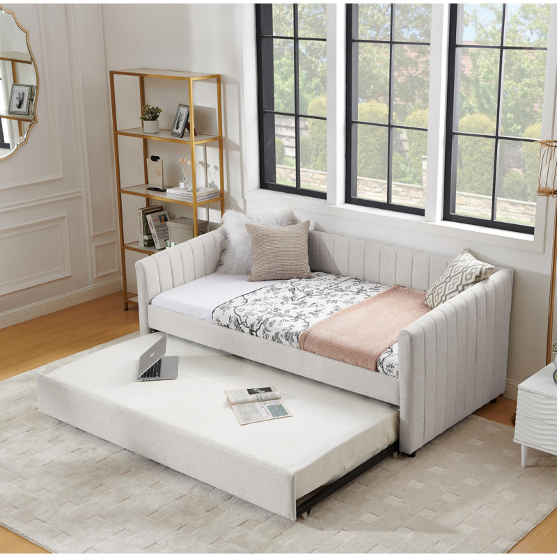 Lit de jour simple avec canapé-lit tapissier, avec rayures verticales, tissu en lin, beige (82,5 po x 43 po x 30 po), Beige