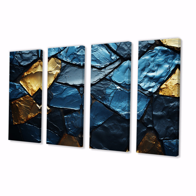 Carreaux de mosaïque en marbre bleu et or - tuile abstraite, art mural 4 pièces, H 28 po x l 48 po