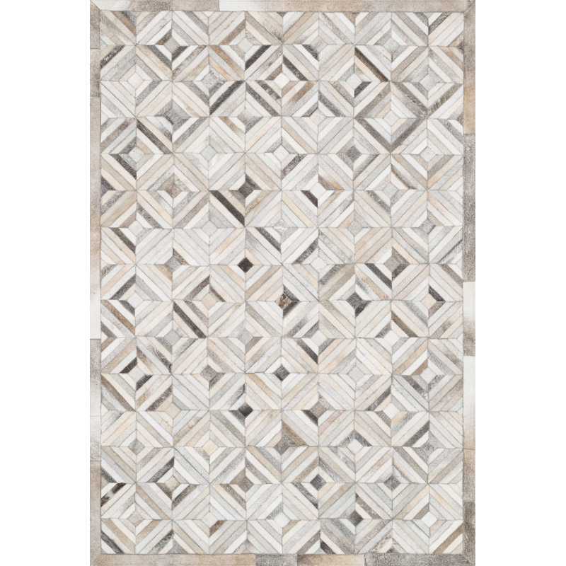 Tapis ivoire en cuir de vache noué à la main Murtaz, Rectangle 7 pi 6 po x 9 pi 6 po