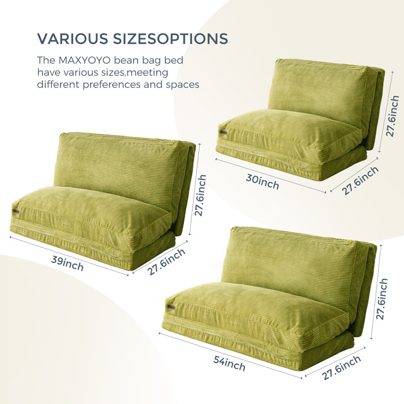 Holly-Madison Bean Bag Floor Sofa Bed, Green Corduroy, 4.7" H x 54" W x 95" D