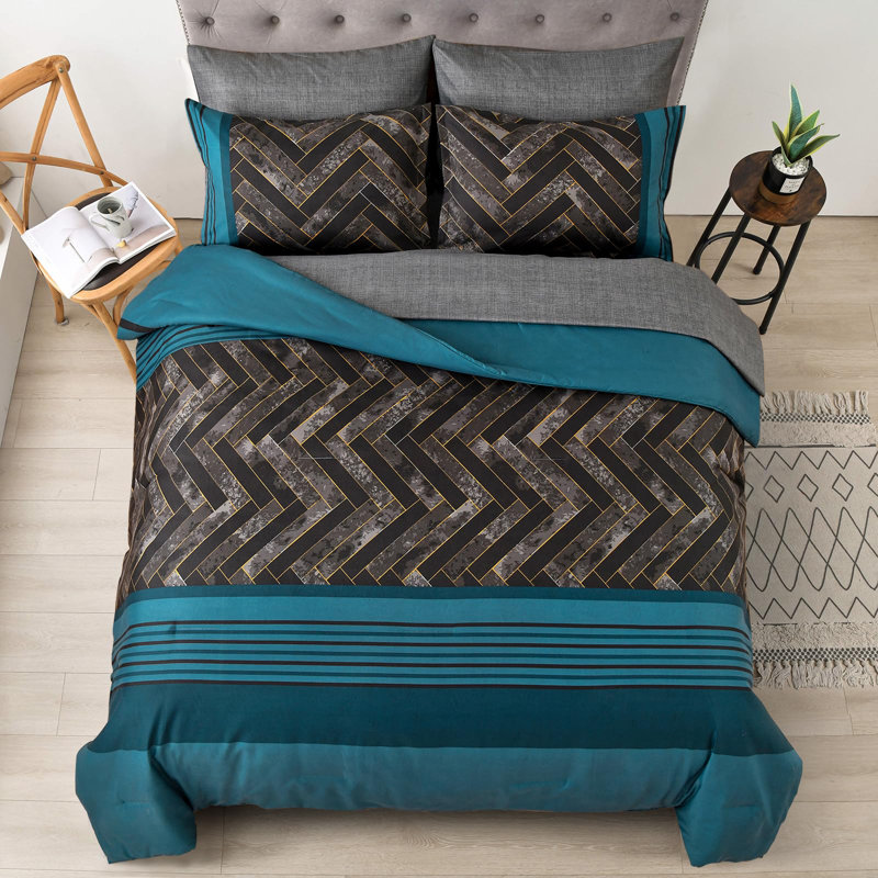 7-Piece Stripe Geometric Comforter Set, Soft Microfiber All-Season Complete Bedding Set, Teal Blue