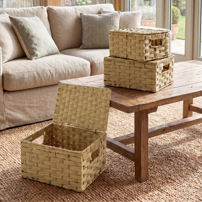 Paniers en osier avec couvercles, ensemble de 3 boîtes de rangement décoratives, panier tissé pour l'organisation, rangement et paniers de rangement