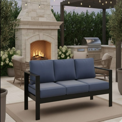 73" All-Weather Aluminum Patio Sofa, 3 Seat Outdoor Couch With  Thick Blue Cushions & Black Frame