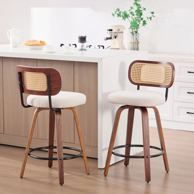 Ensemble de 2 tabourets de bar de 66 cm de hauteur, comptoir, fini noyer noir, dossier ergonomique en rotin, revêtement en lin beige, pivotant à 360° pour la cuisine et la salle à manger.