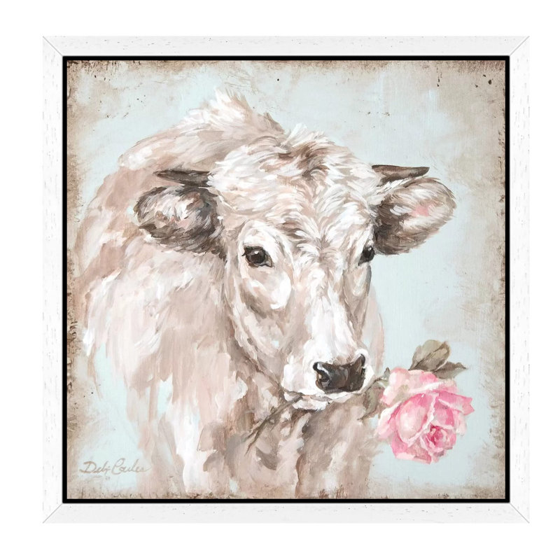 Cow With Rose II by Debi Coules - Floater Frame Painting on Canvas, 45.72 cm H x 45.72 cm W, White