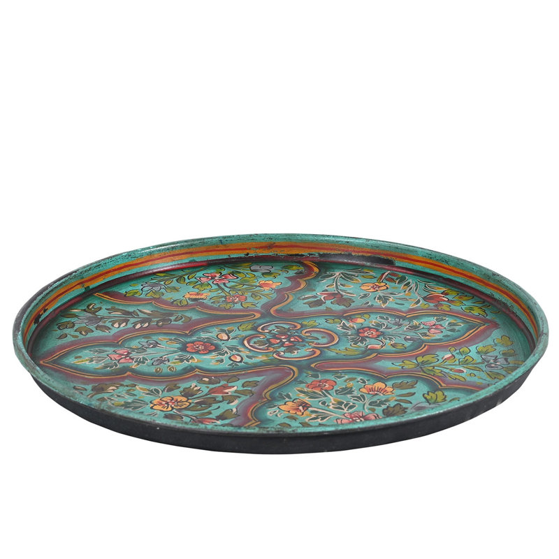 Plateau de service rond en bois 21 po peint à la main pour décoration de table basse