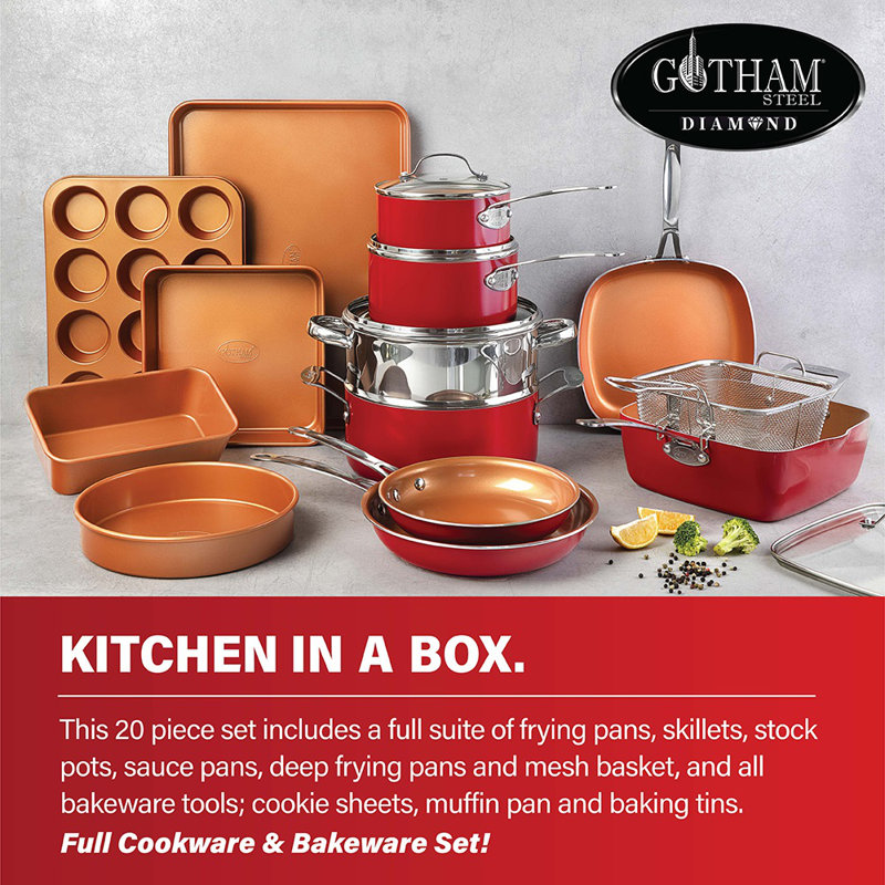 Gotham Steel 20 Piece Nonstick Cookware and Bakeware Set, Stay Cool Handles, Oven & Dishwasher Safe, Red