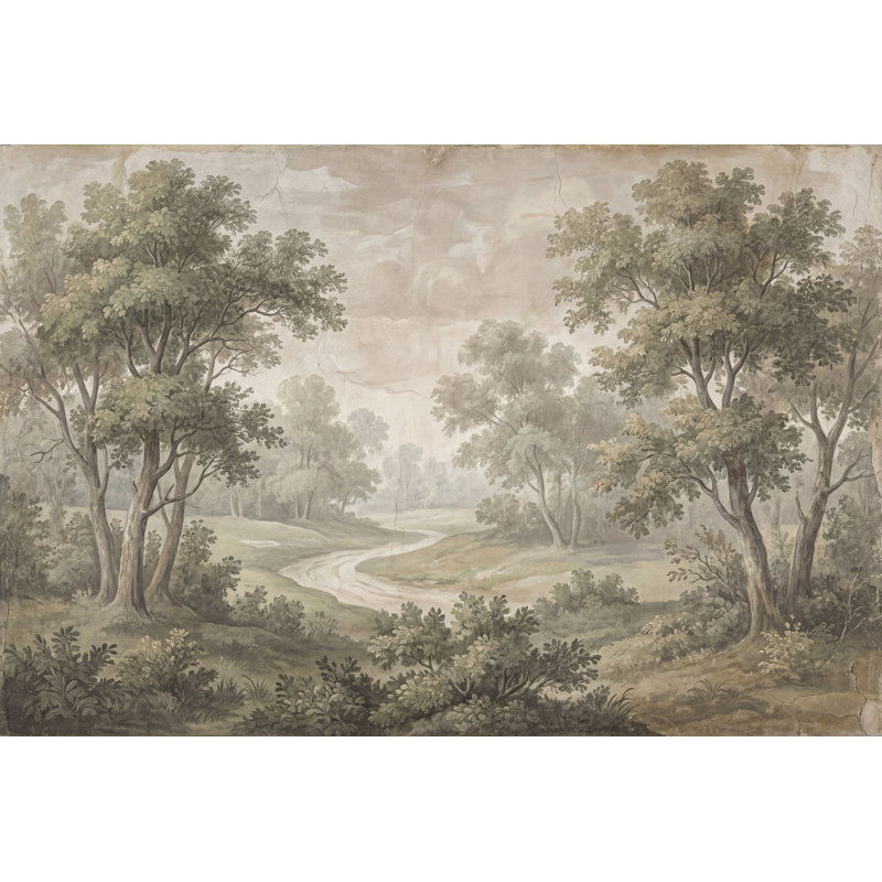 Papier peint rétro avec paysage et arbres, 100 po x 96 po, Texturé non collé