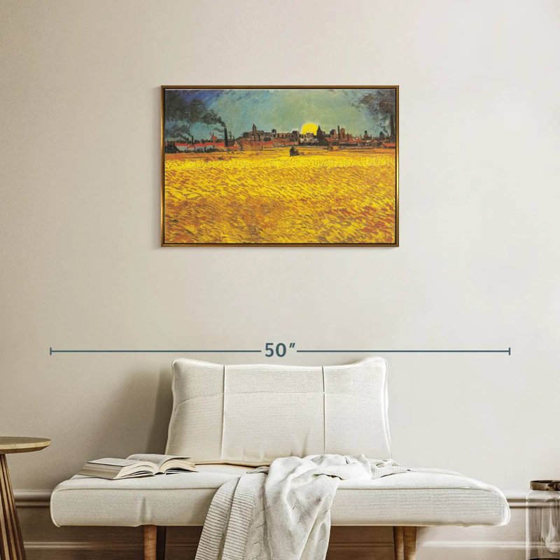 Champ de blé au coucher du soleil, Cadre flottant doré, 31 po x 21 po