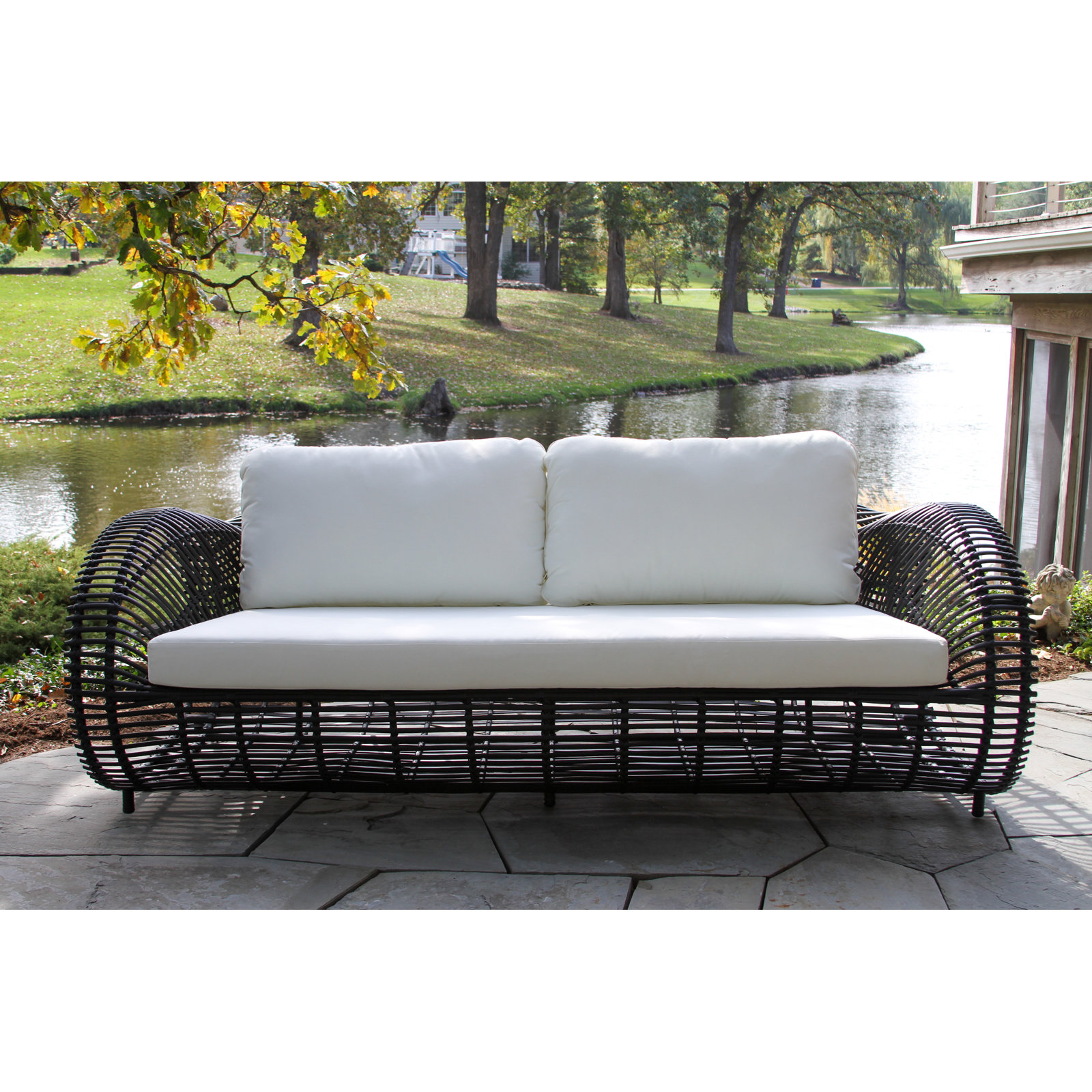 Dochi 80'' Wide Premium All-Weather Wicker Patio Sofa with Cushions, Black
