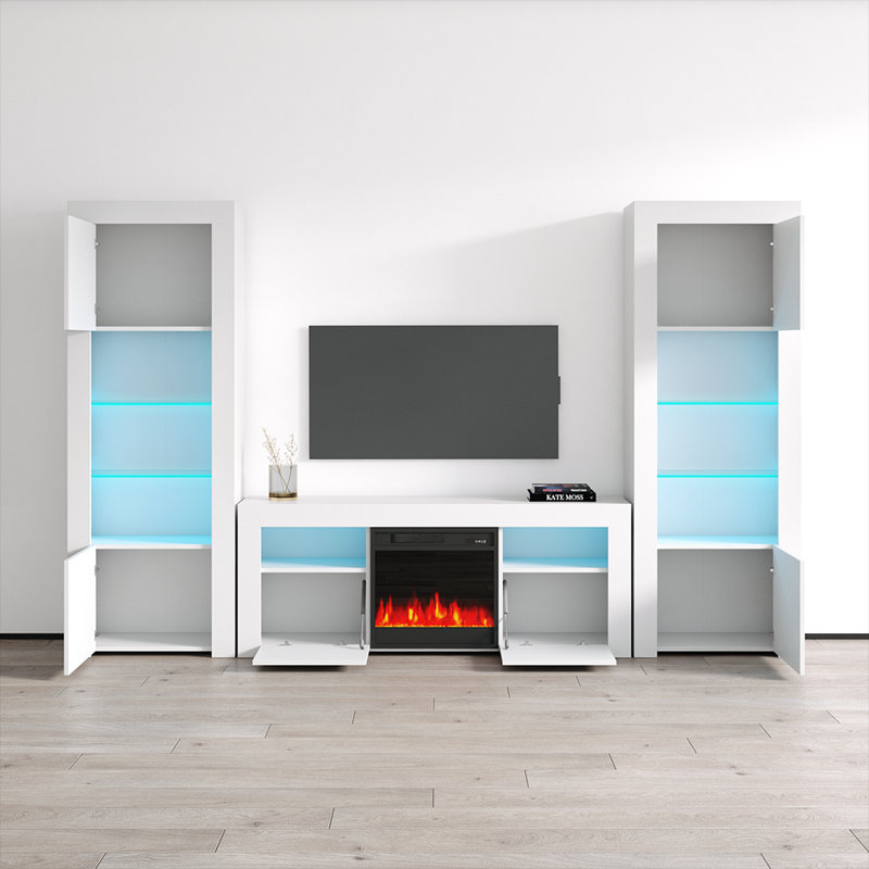 Meuble audio-vidéo Earle pour téléviseur de 65 po ou moins avec foyer électrique Earle, Blanc