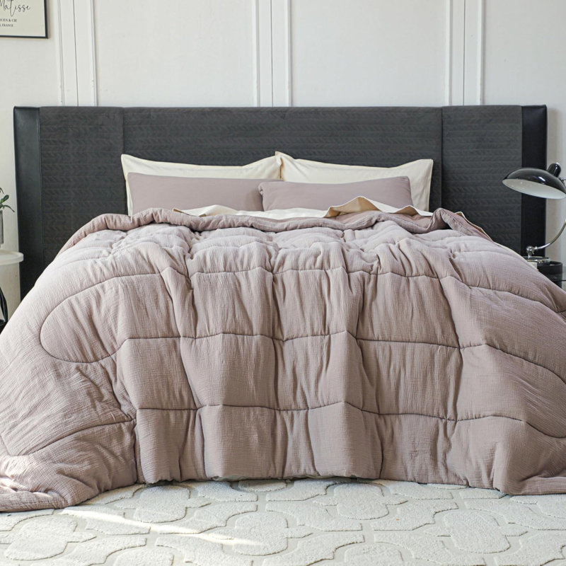 Ensemble d'édredon 100% coton mousseline, Édredon très grand + 2 taies décoratives très , Gris / Brun