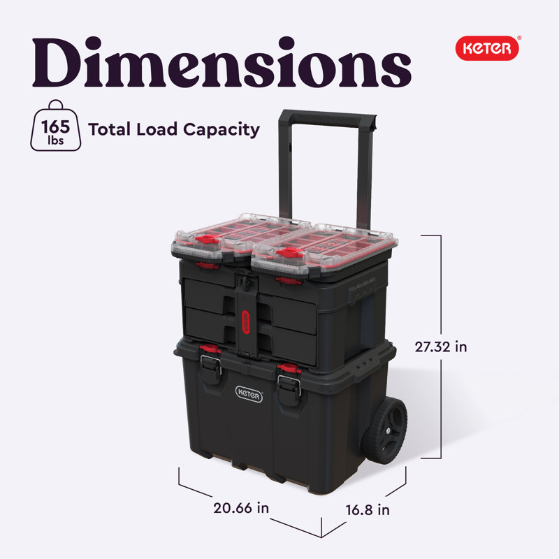 Keter Stack N Roll 4-Piece Rolling Tool Storage System Includes Large Rolling Tool Box, 2-Drawer Tool Box, 2 Tray Organizers