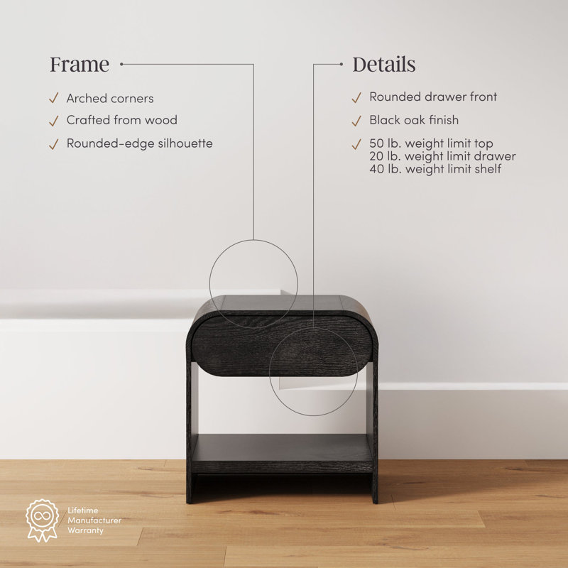 Arched Nightstand with Drawer in Black Oak, Black Oak