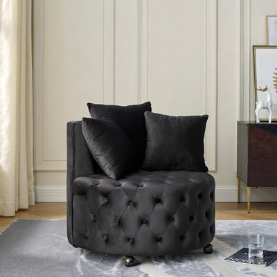 Chaise pivotante rembourrée en velours pour le salon, avec un design capitonné et des roues mobiles, y compris 3 coussins, noir