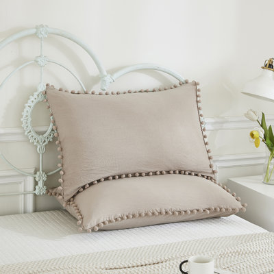 Taupe Pom Poms Pillowcases, Khaki Standard Pillow Cases Set of 2, 100% Washed Microfiber, Taupe Ball Fringe Pillow Cover, 2 Pack