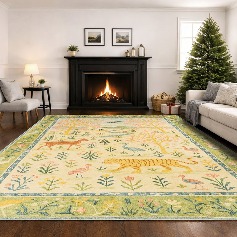 Machine Washable Boho Animal & Floral Area Rug Non-Slip Backing Green/Beige/Pink Carpet for Living Room, Bedroom, Kids Room, Nursery
