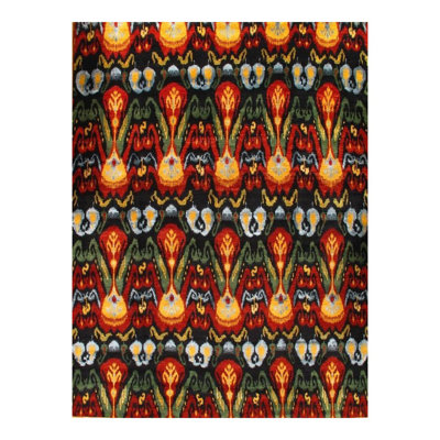 Tapis camarone / or / rouge en laine noué à la main Indian Modern Ikat