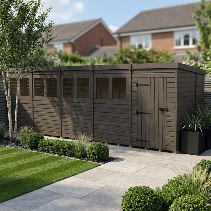 Total Sheds 20ft x 7ft Composite Pent Garden Shed - Single Door - With Windows - EPDM Rubber Roof - UK Manufactured