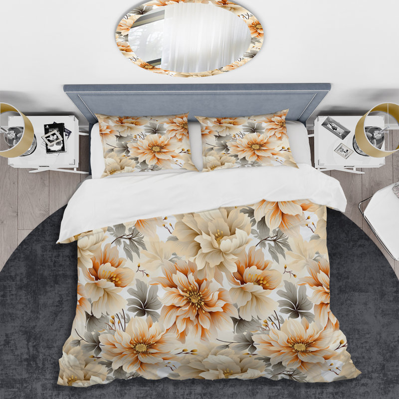 Ethereal Serenity Peonies Boho Pattern I Polyester Duvet Cover Set, Queen Duvet Cover + 2 Standard Shams