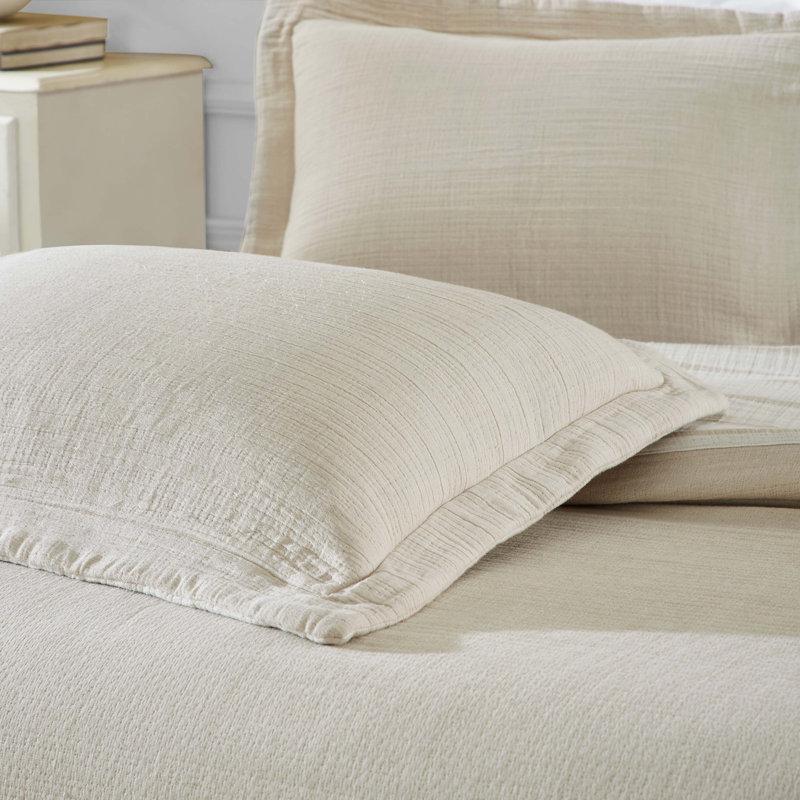 Valencia Cotton Reversible Medium Weight Matelasse Bedspread And Sham Set, Full Bedspread + 2 Standard Shams, Beige Striped
