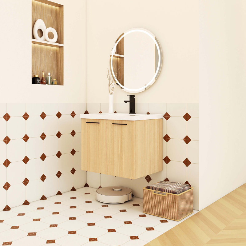 Meuble-lavabo flottant 24 po en contreplaqué de chêne clair avec lavabo, rangement mural à double porte, ensemble de 2 pièces avec comptoir en résine inclus