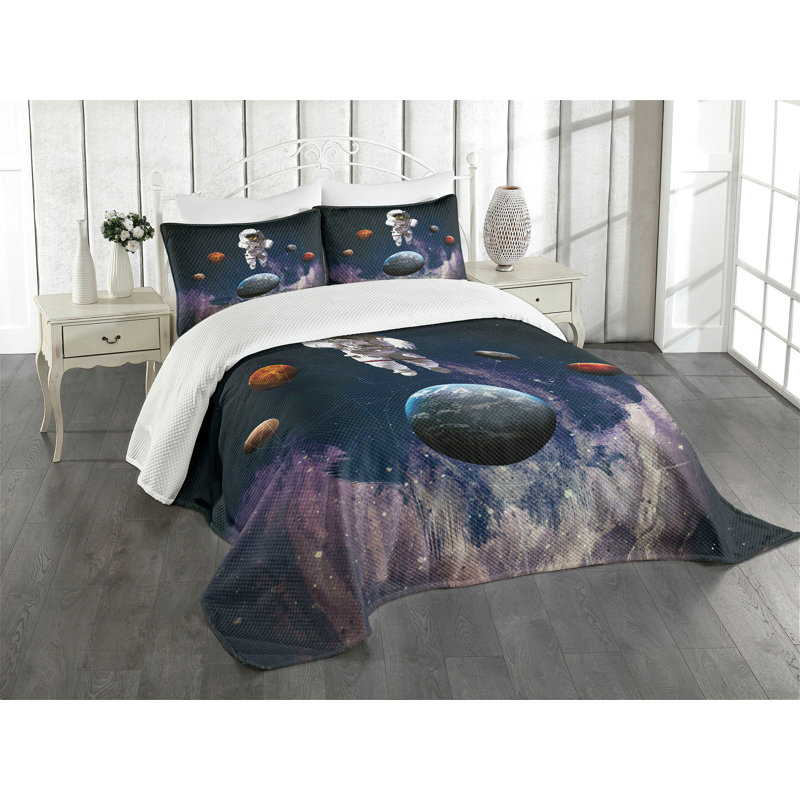 Ambesonne Nebula Bedspread Set Planets Astronaut Space Multicolor, King Coverlet / Bedspread + 2 Standard Shams