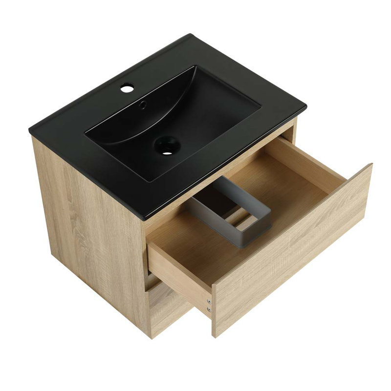 Meuble-lavabo simple 24 po avec plateau Daine, Noir, Chêne clair
