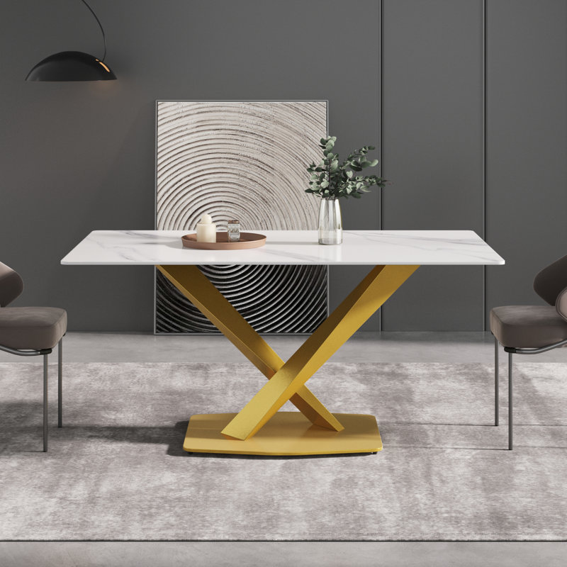 Sintered Stone Dining Table, 29.53” H x 63" W x 35.4" D, Gold, White
