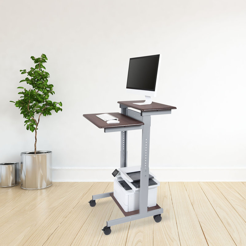 Adjustable Dark Walnut Two-Tier Standing Desk with Metal Frame