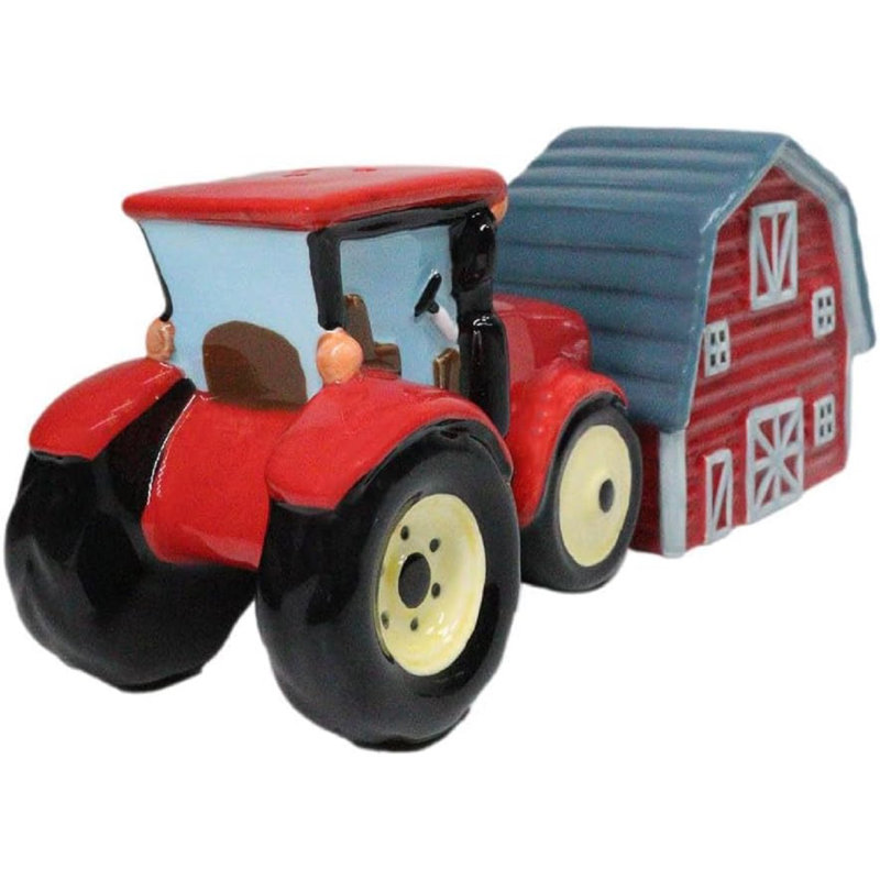 Ceramic Agricultural Country Farm Red Barn And Tractor Salt And Pepper Shakers