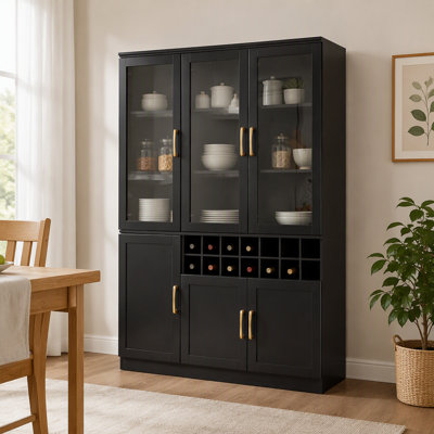 Meuble-bar moderne de 71 po de hauteur avec porte vitrée, noir, grande capacité de rangement pour le vin avec casier amovible de 14 bouteilles et étagères de porte intégrées
