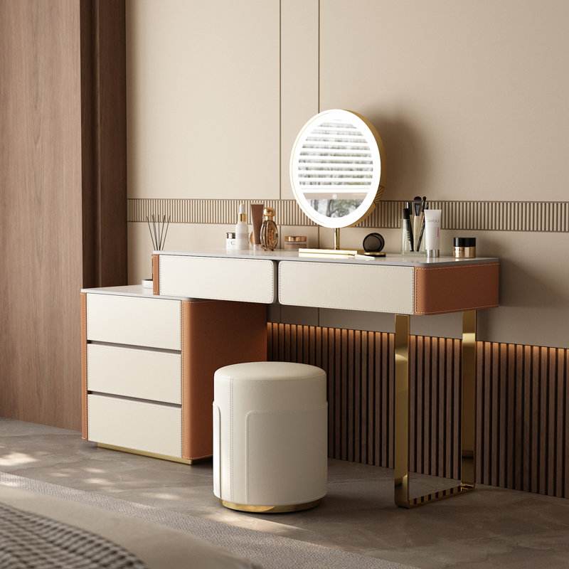 Ensemble de coiffeuse moderne avec miroir et tabouret à DEL, ensemble de bureau de maquillage en cuir de selle, acier inoxydable, panneau de roche, tiroirs de rangement pour la coiffeuse de la chambre à coucher