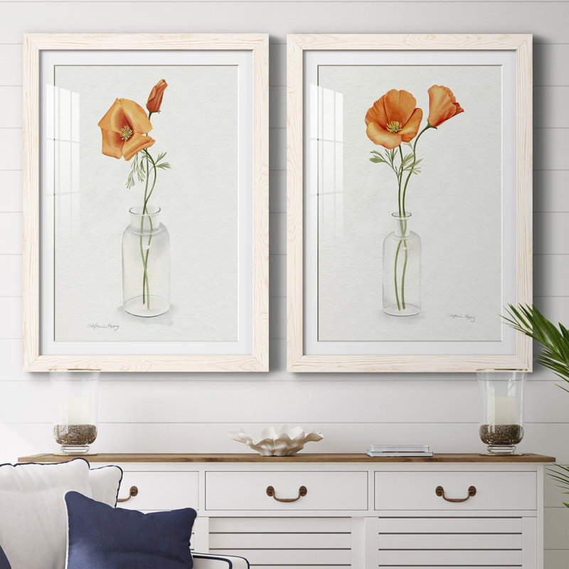 California Poppy Vase I Premium encadré mat - prêt à être accroché, Cadre blanc, H 31,5 po x l 47 po x P 1,5 po