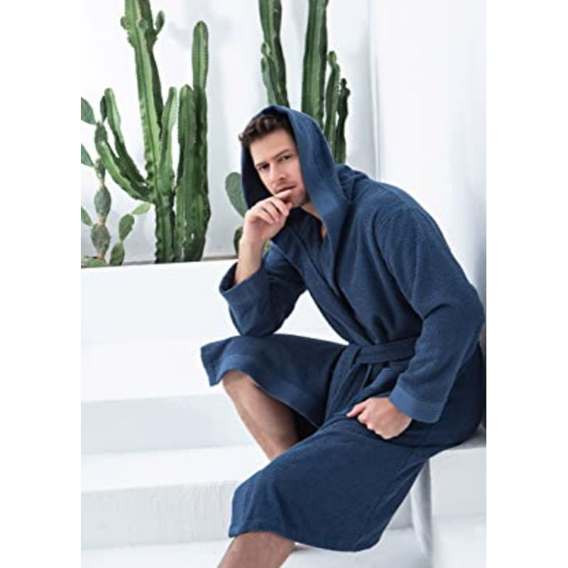 Peignoir turc en coton pour hommes, peignoir kimono en ratine, texturé long, garniture de tissage de riz - capuche, M
