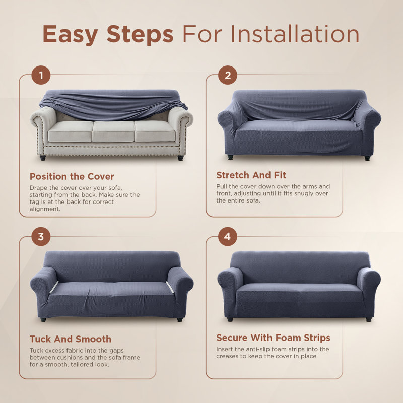 Stretch Sofa Cover with Elastic Fit – Washable Jacquard Couch Protector, Furniture Slipcover for 1–4 Seater Sofas, Blue/Grey