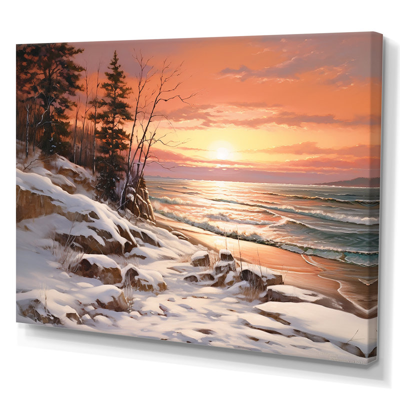 «Beach Winterscene Warm Pastel Sunset I», reproduction sur toile, Toile tendue, H 34 po x l 44 po x P 1,5 po
