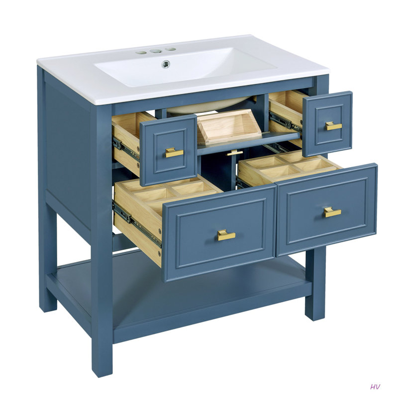 Ensemble de meuble-lavabo simple 30 po avec 5 tiroirs, ensemble de meuble-lavabo autoportant avec cadre en bois massif 30 po