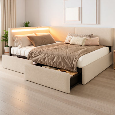 Structure de lit double, lit tapissier avec 2 tiroirs de rangement, conception à DEL et USB, aucun sommier nécessaire, beige