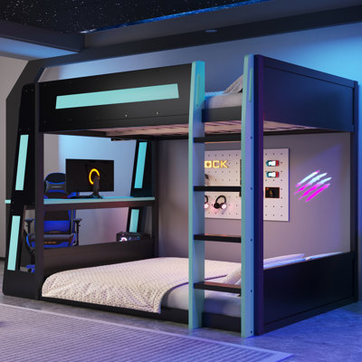 Full Size Wooden Gaming Bunk Bed with Desk, Two Storage Shelves, USB & LED Light, Black+Blue – Kids Bedroom Furniture